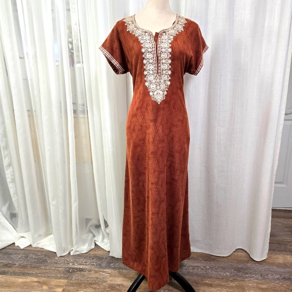 Shandar Rust Embroidered Long Maxi Kurti Dress Size L / XL‎ Cotton No Stretch